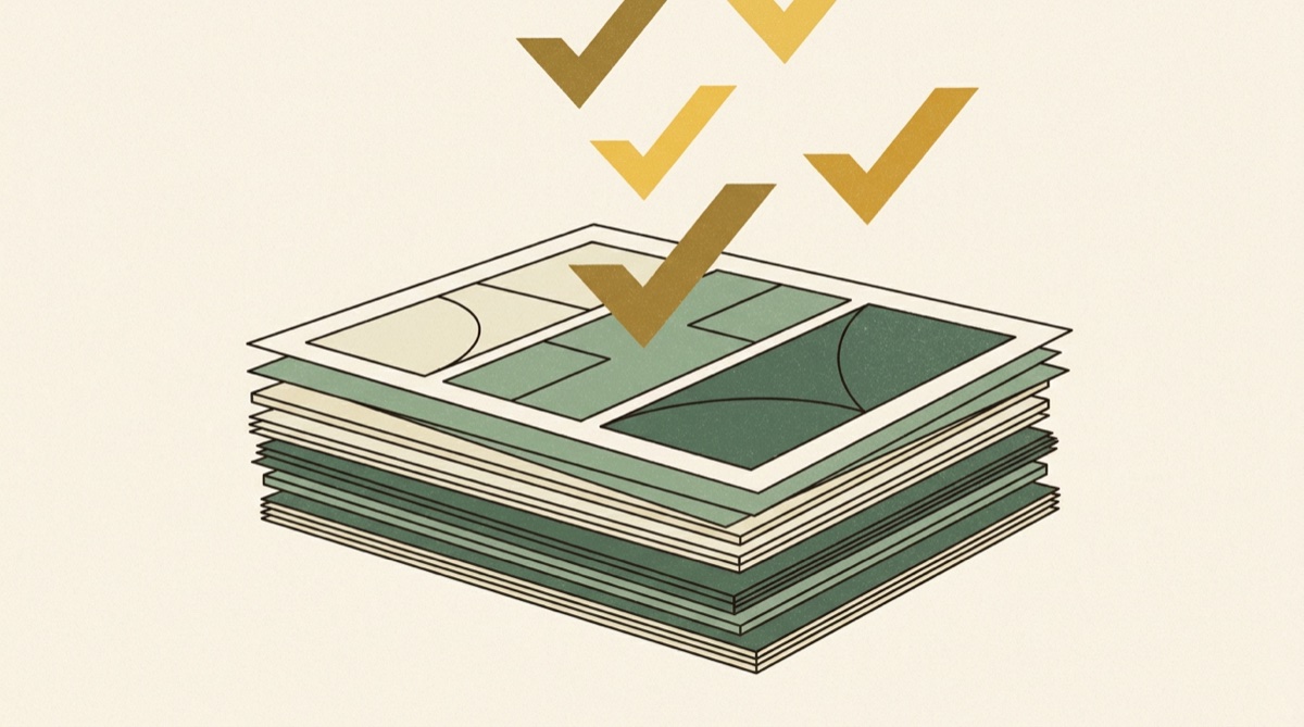 Illustration of a neat stack of handbook pages with gold check marks above