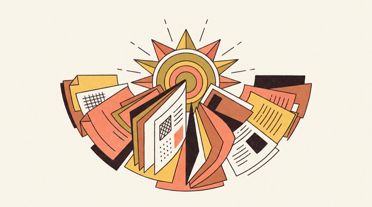 Illustration of fanned-out policy documents with a geometric sun rising behind them