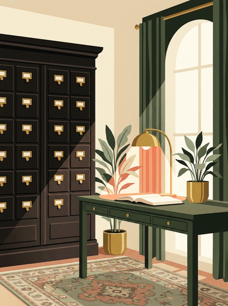 Illustration of a warm study room: a tall archive cabinet of small drawers, a desk with an open handbook and brass lamp
